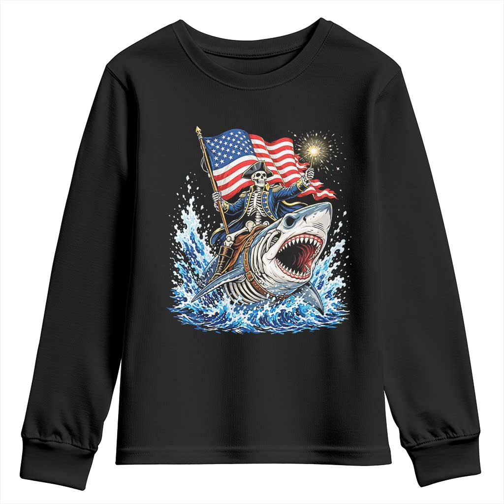 Patriotic Skeleton Pirate Riding Shark Youth Sweatshirt American Ocean Pride TS12 Black Print Your Wear