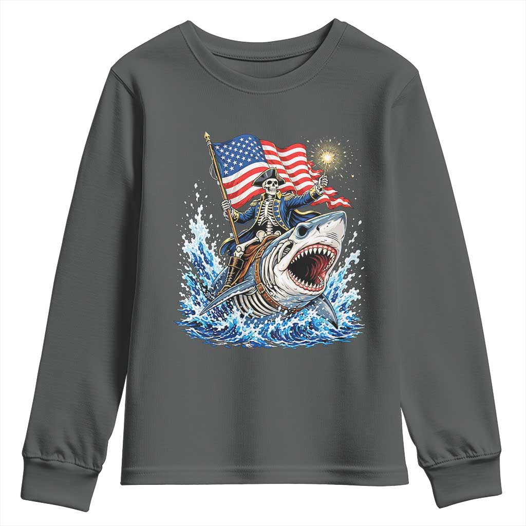 Patriotic Skeleton Pirate Riding Shark Youth Sweatshirt American Ocean Pride TS12 Dark Heather Print Your Wear