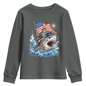 Patriotic Skeleton Pirate Riding Shark Youth Sweatshirt American Ocean Pride TS12 Dark Heather Print Your Wear