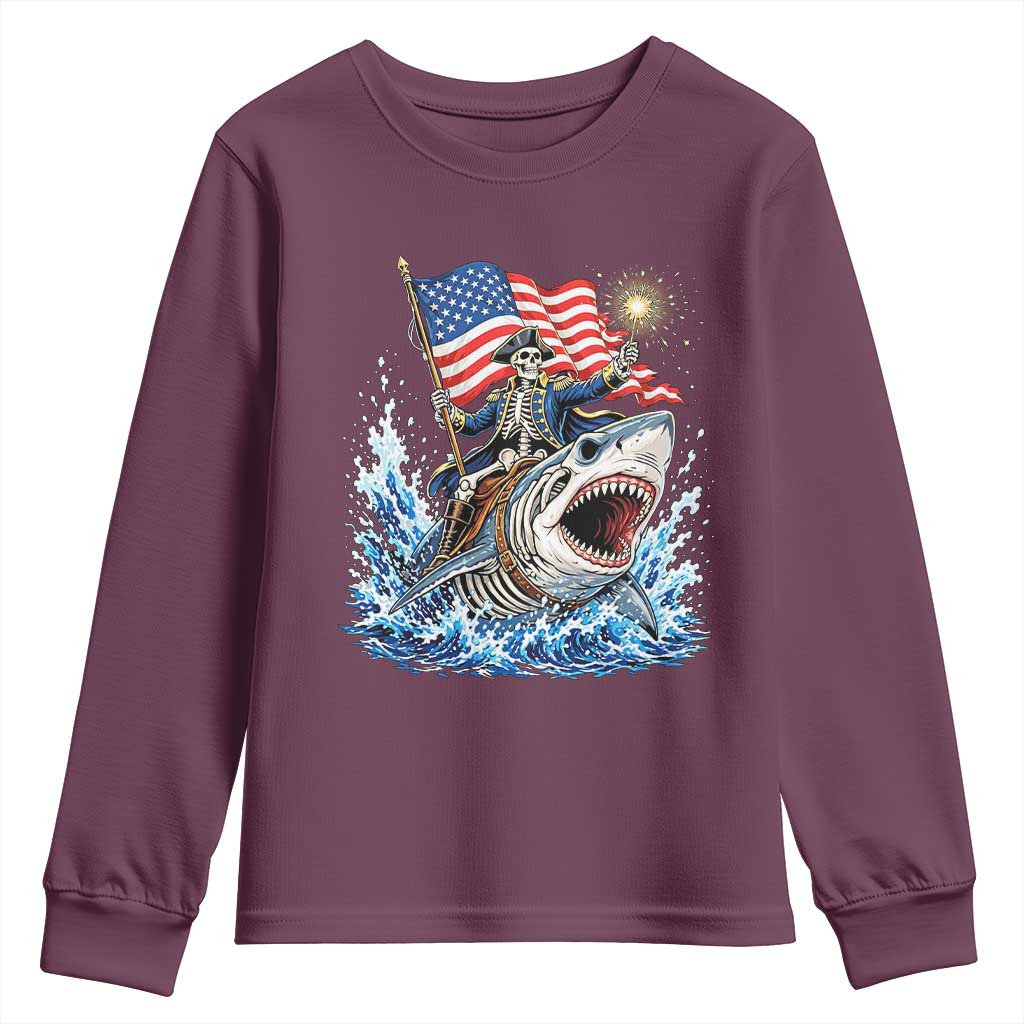 Patriotic Skeleton Pirate Riding Shark Youth Sweatshirt American Ocean Pride TS12 Maroon Print Your Wear