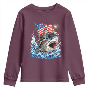Patriotic Skeleton Pirate Riding Shark Youth Sweatshirt American Ocean Pride TS12 Maroon Print Your Wear