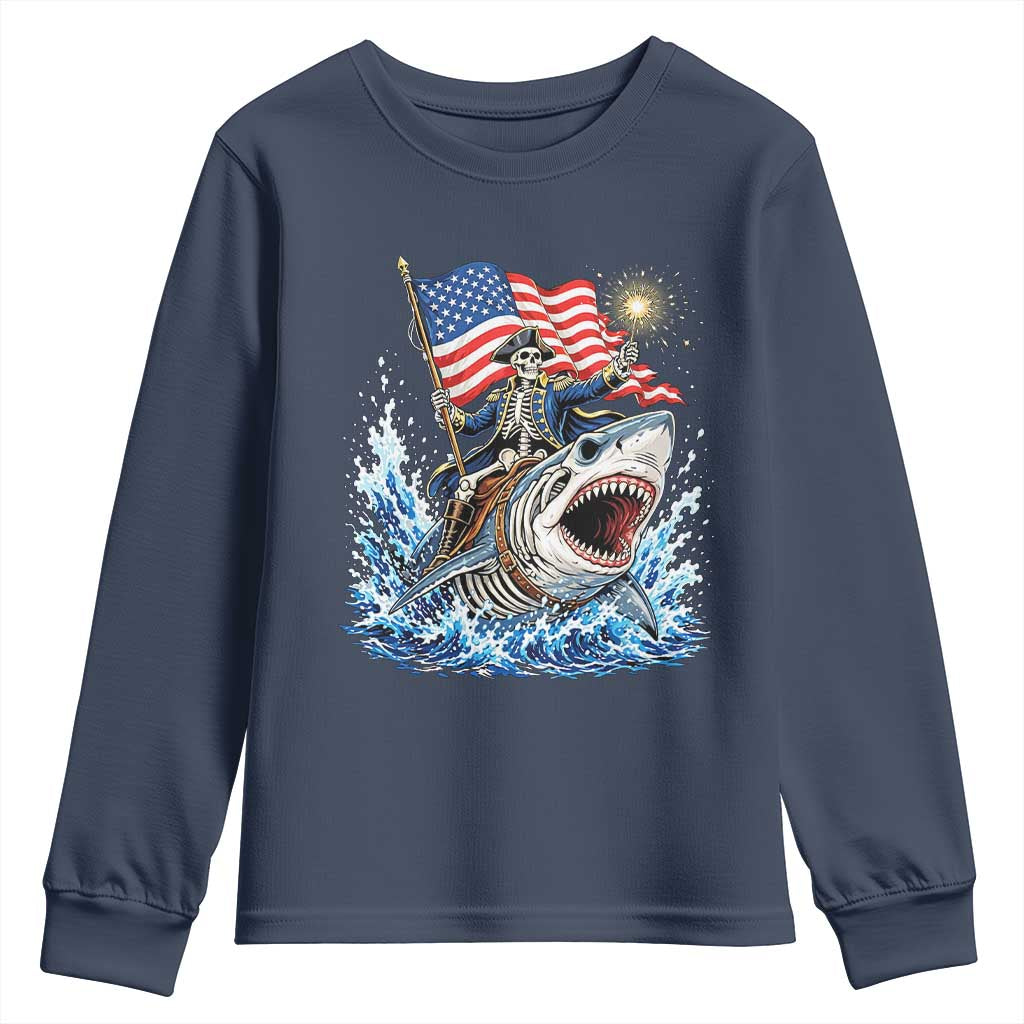 Patriotic Skeleton Pirate Riding Shark Youth Sweatshirt American Ocean Pride TS12 Navy Print Your Wear
