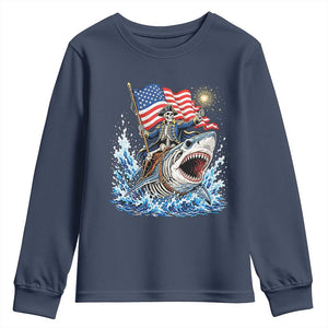 Patriotic Skeleton Pirate Riding Shark Youth Sweatshirt American Ocean Pride TS12 Navy Print Your Wear