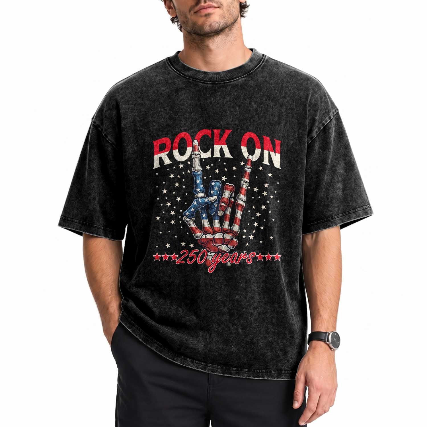 Patriotic Rocker Skeleton Hand Washed Cotton T-Shirt Rock On 250 Years