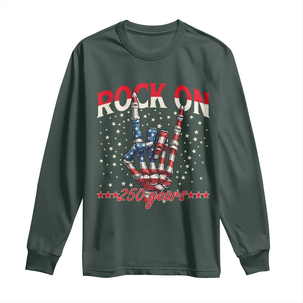 Patriotic Rocker Skeleton Hand Long Sleeve Shirt Rock On 250 Years TS12 Dark Forest Green Print Your Wear