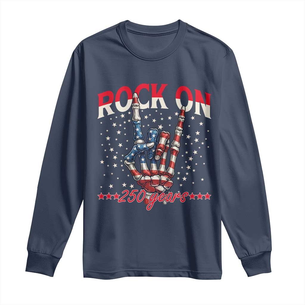 Patriotic Rocker Skeleton Hand Long Sleeve Shirt Rock On 250 Years TS12 Navy Print Your Wear