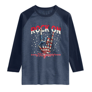 Patriotic Rocker Skeleton Hand Raglan Shirt Rock On 250 Years TS12 Heather Denim Navy Print Your Wear