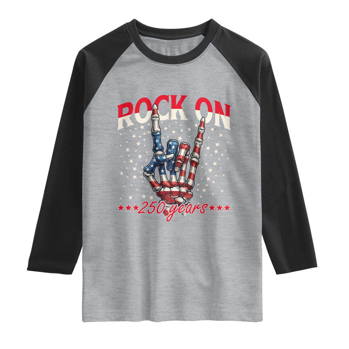 Patriotic Rocker Skeleton Hand Raglan Shirt Rock On 250 Years TS12 Heather Gray Black Print Your Wear