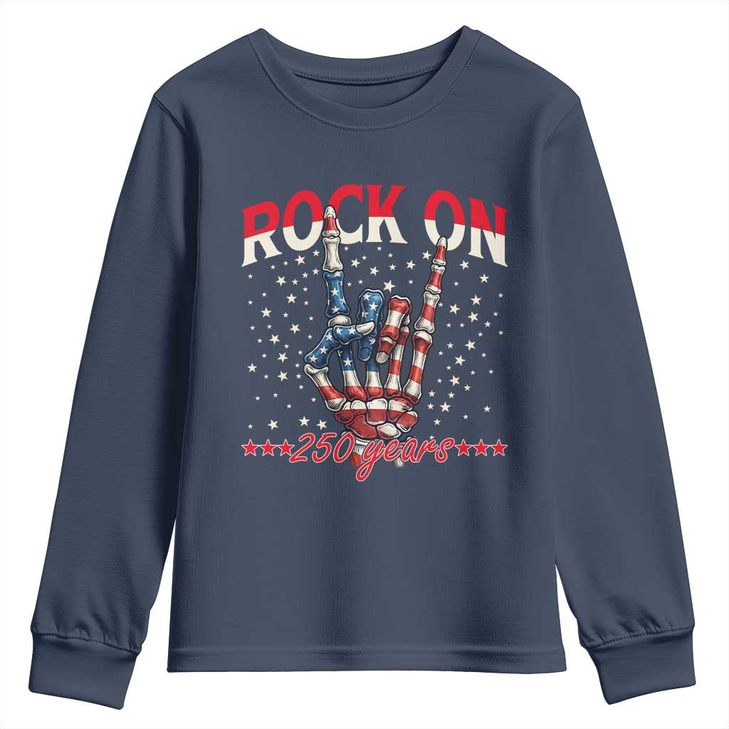 Patriotic Rocker Skeleton Hand Youth Sweatshirt Rock On 250 Years TS12 Navy Print Your Wear