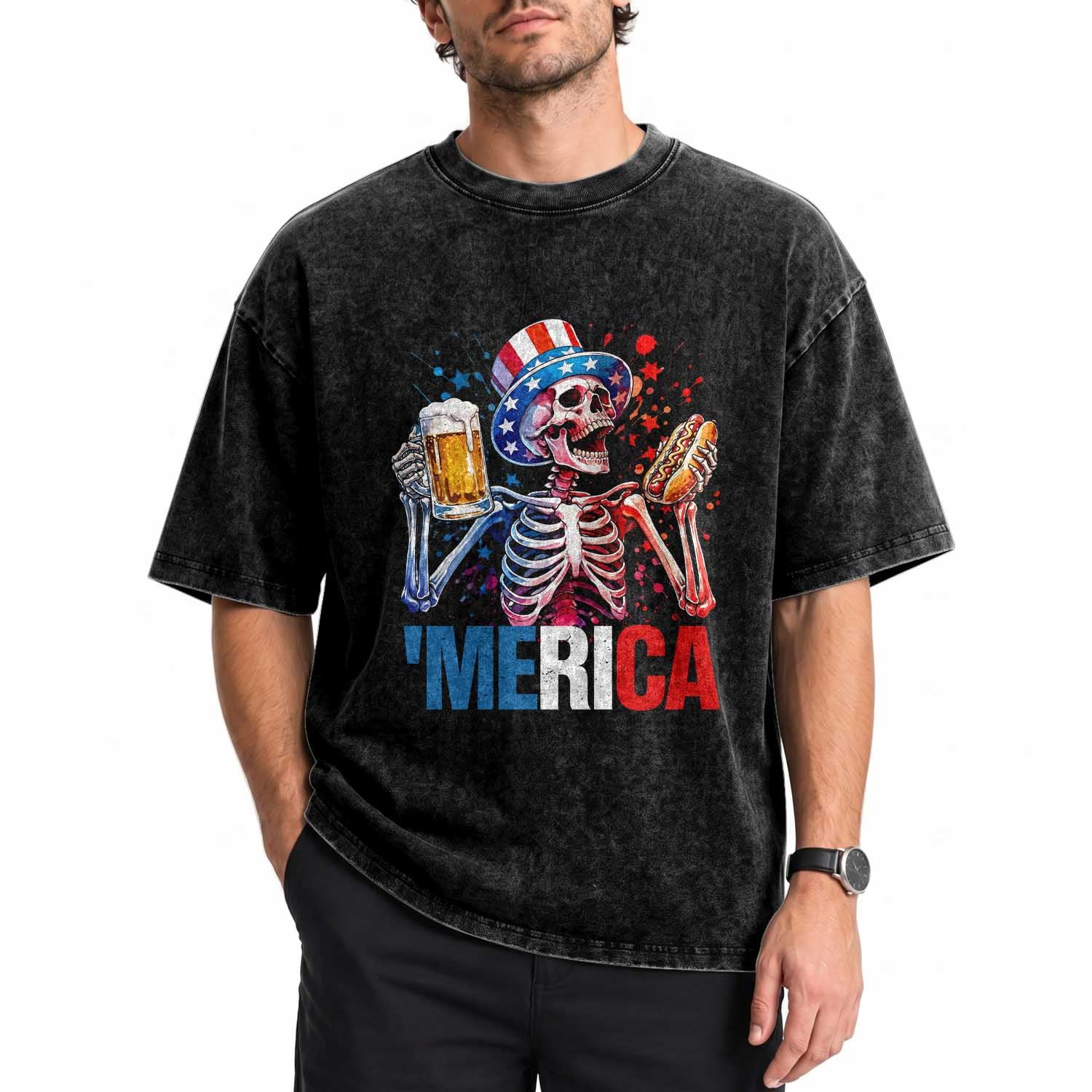 Red White And Blue Skeleton Party Washed Cotton T-Shirt American Freedom Vibes