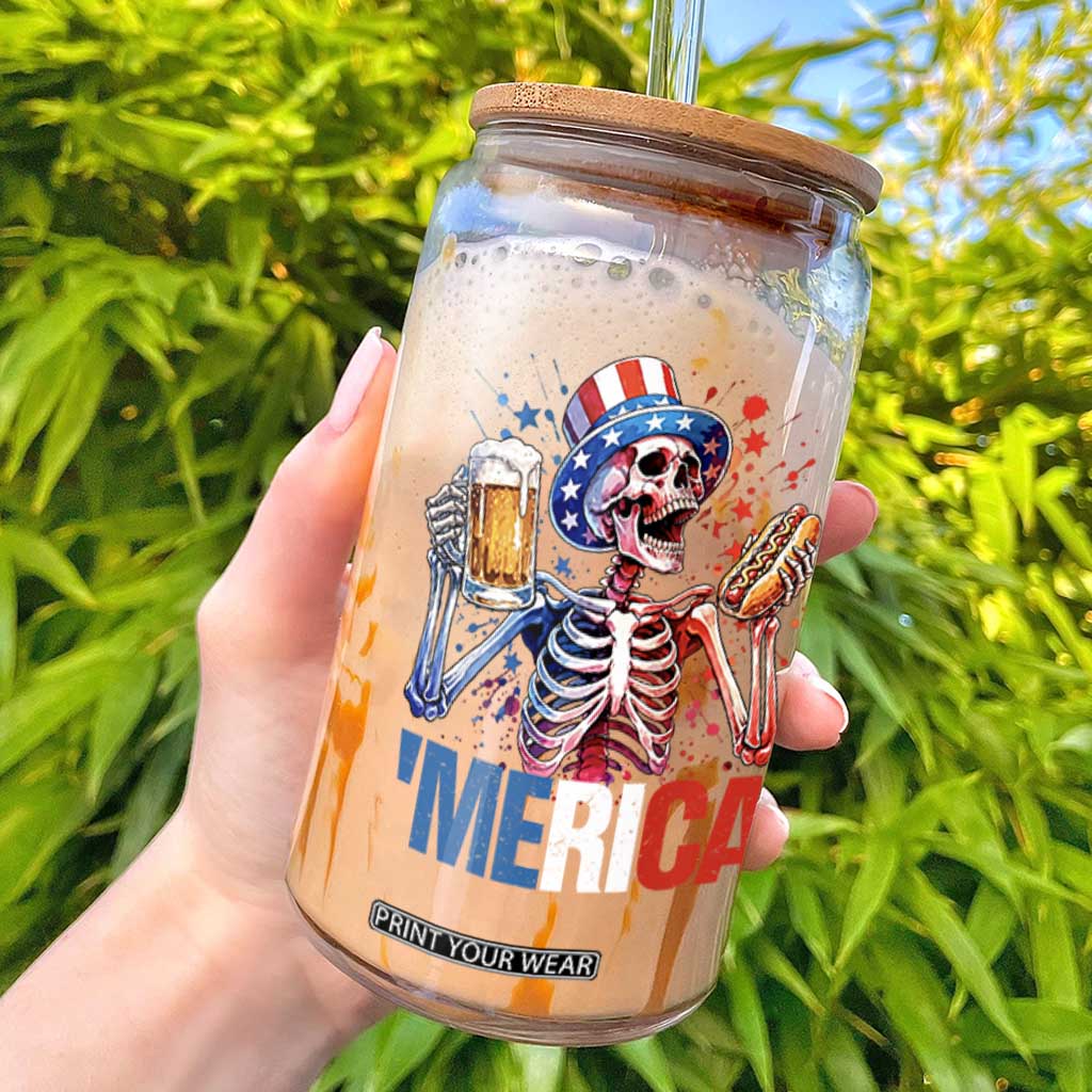 Red White And Blue Skeleton Party Glass Can American Freedom Vibes TS12 Black Print Your Wear