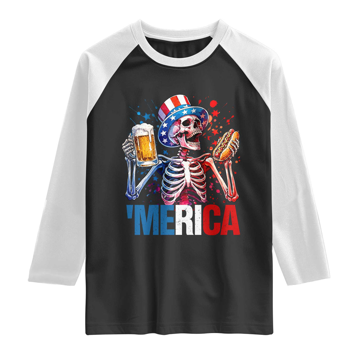 Red White And Blue Skeleton Party Raglan Shirt American Freedom Vibes TS12 Black White Print Your Wear