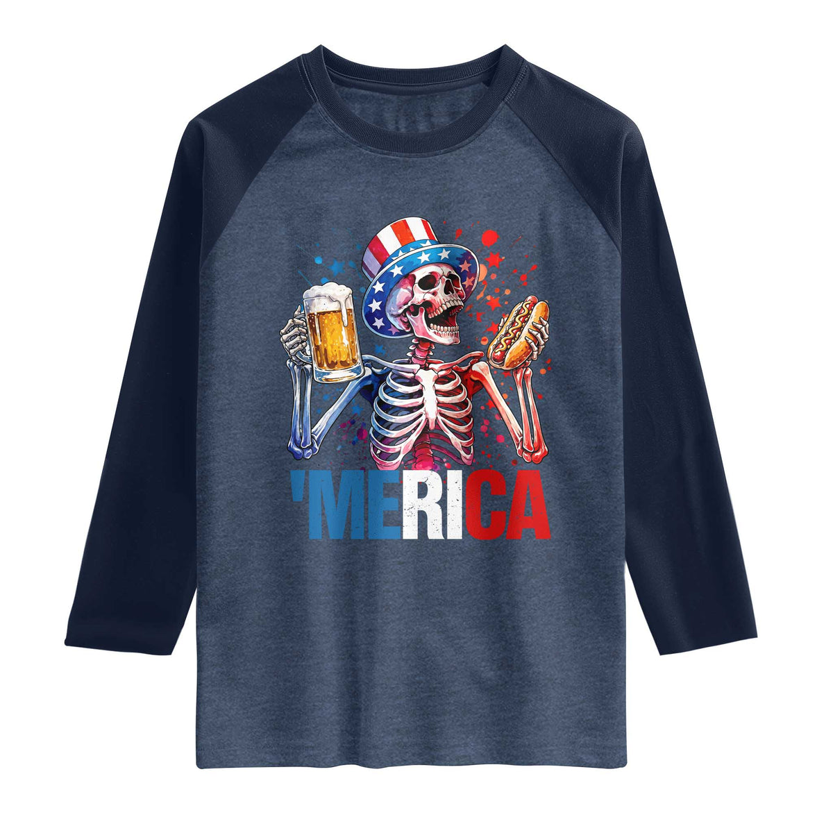 Red White And Blue Skeleton Party Raglan Shirt American Freedom Vibes TS12 Heather Denim Navy Print Your Wear