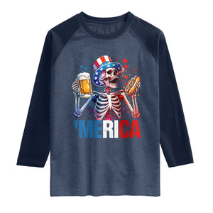 Red White And Blue Skeleton Party Raglan Shirt American Freedom Vibes TS12 Heather Denim Navy Print Your Wear