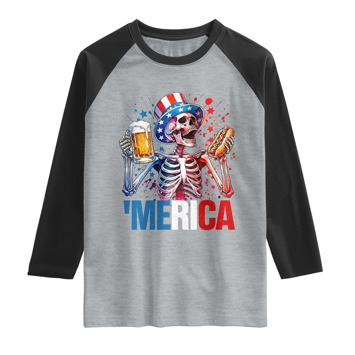 Red White And Blue Skeleton Party Raglan Shirt American Freedom Vibes TS12 Heather Gray Black Print Your Wear