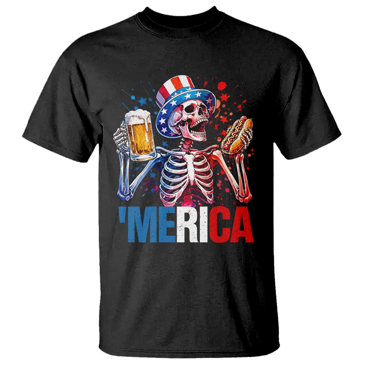 Red White And Blue Skeleton Party T Shirt American Freedom Vibes TS12 Black Print Your Wear