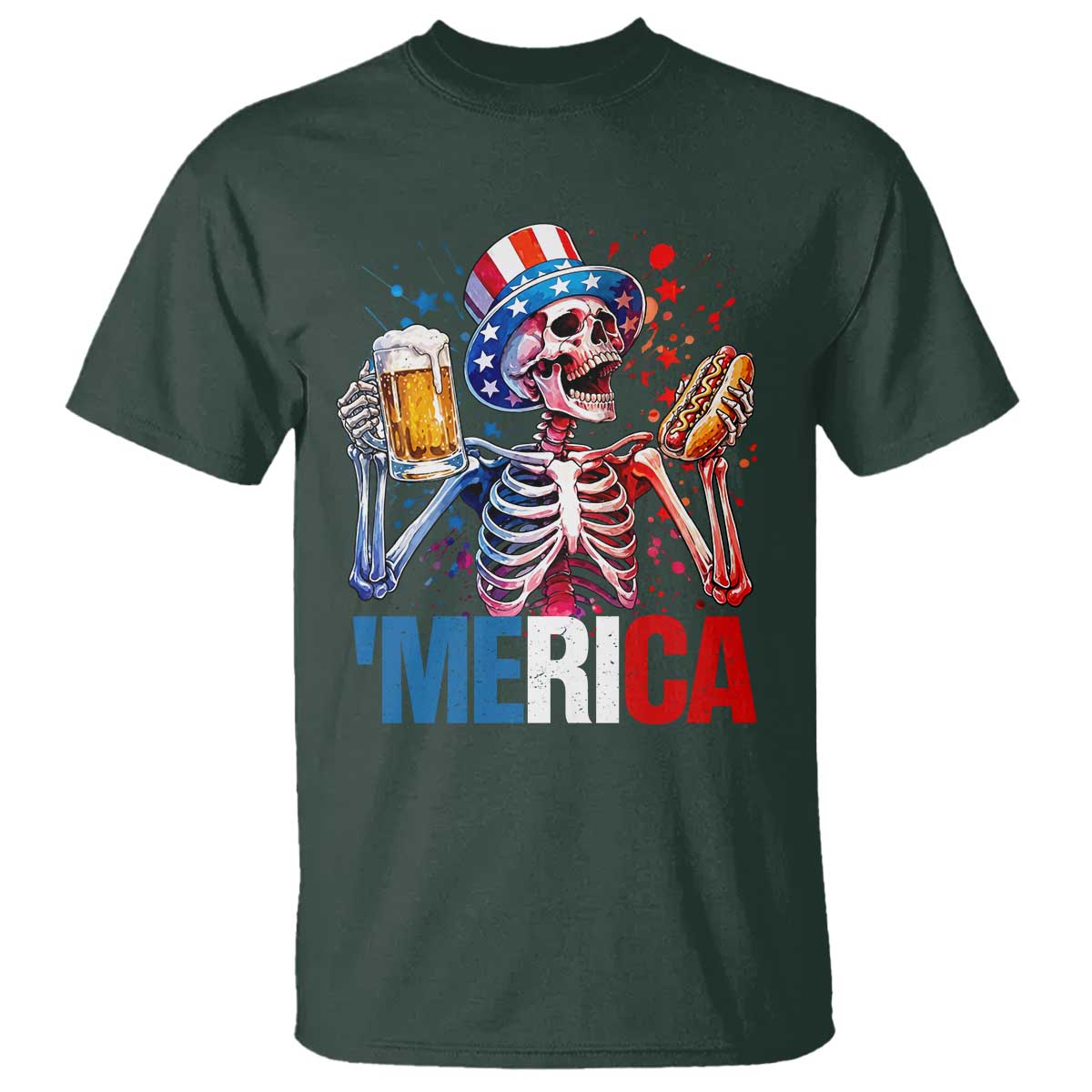Red White And Blue Skeleton Party T Shirt American Freedom Vibes TS12 Dark Forest Green Print Your Wear