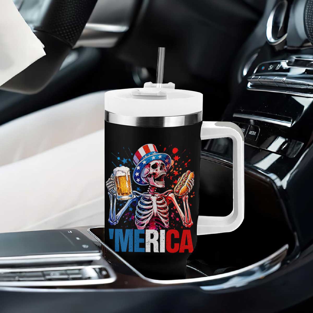 Red White And Blue Skeleton Party Tumbler With Handle American Freedom Vibes TS12 Print Your Wear