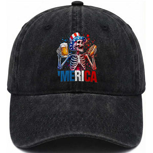 Red White And Blue Skeleton Party Washed Cotton Baseball Cap American Freedom Vibes TS12 Print Your Wear