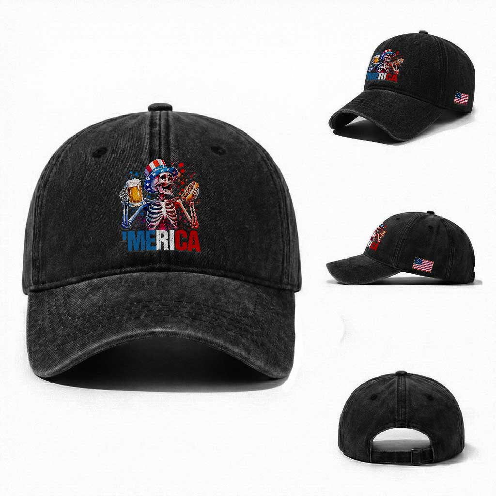 Red White And Blue Skeleton Party Washed Cotton Baseball Cap American Freedom Vibes TS12 Washed Cap Universal Fit Black Print Your Wear