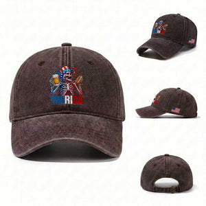 Red White And Blue Skeleton Party Washed Cotton Baseball Cap American Freedom Vibes TS12 Washed Cap Universal Fit Dark Brown Print Your Wear