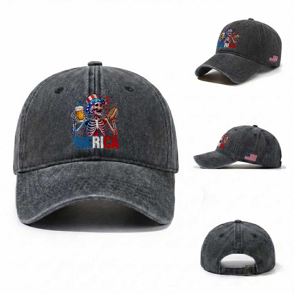 Red White And Blue Skeleton Party Washed Cotton Baseball Cap American Freedom Vibes TS12 Washed Cap Universal Fit Dark Gray Print Your Wear