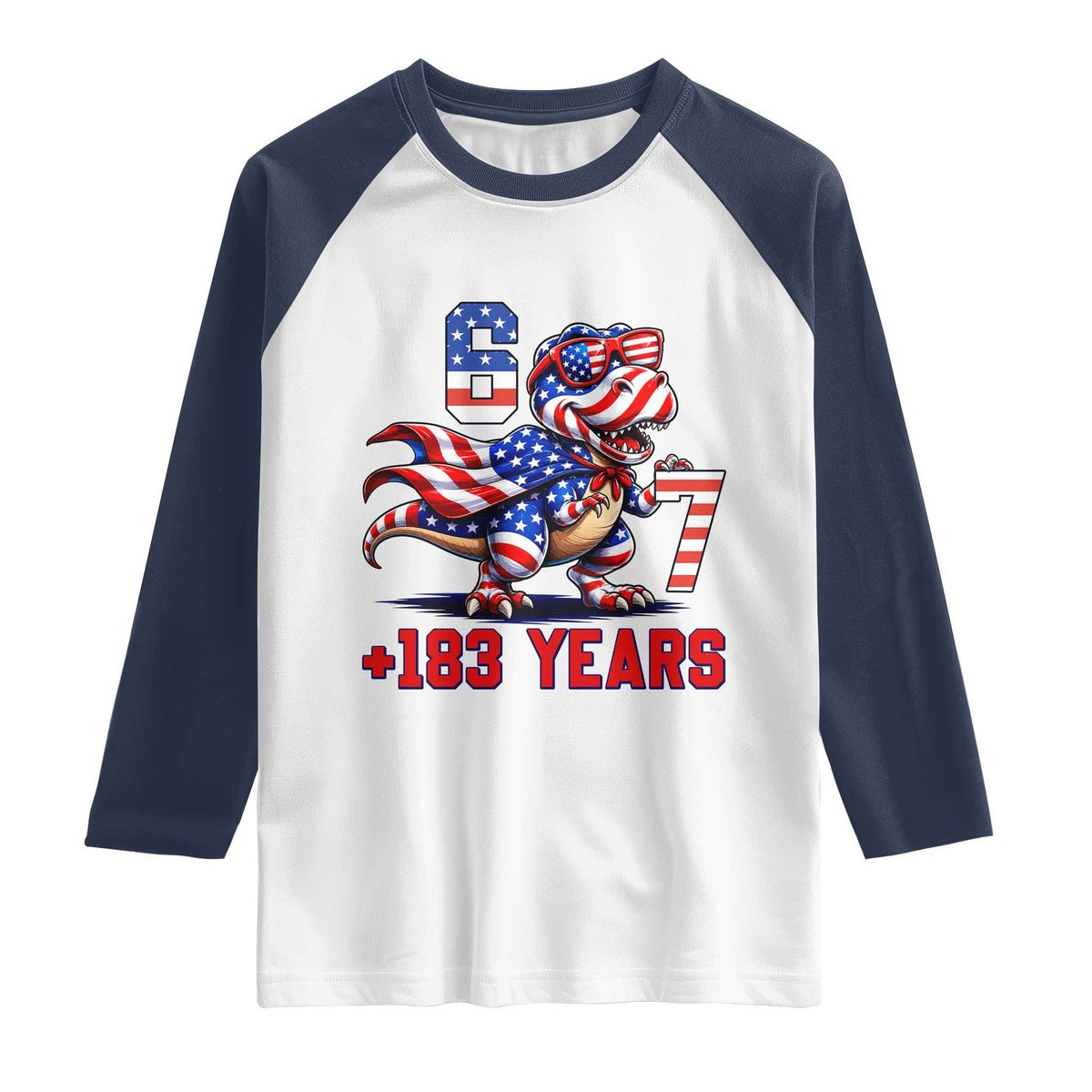 Funny 67 Meme Dinosaur American Pride Raglan Shirt USA 250th Anniversary TS12 White Navy Print Your Wear