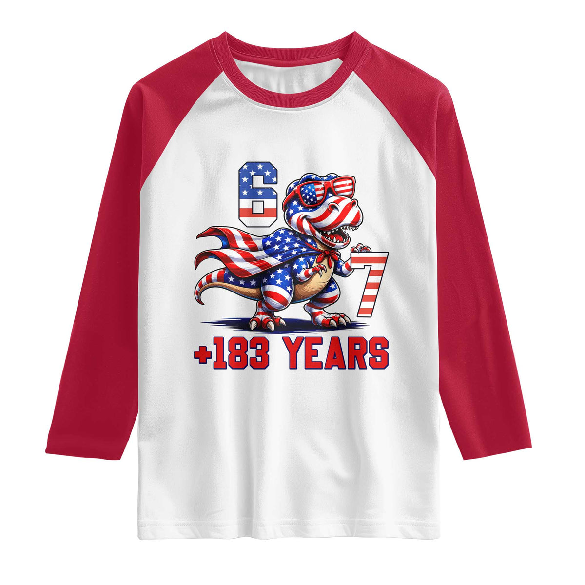 Funny 67 Meme Dinosaur American Pride Raglan Shirt USA 250th Anniversary TS12 White Red Print Your Wear