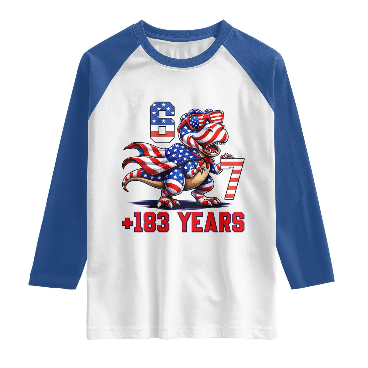 Funny 67 Meme Dinosaur American Pride Raglan Shirt USA 250th Anniversary TS12 White Royal Print Your Wear