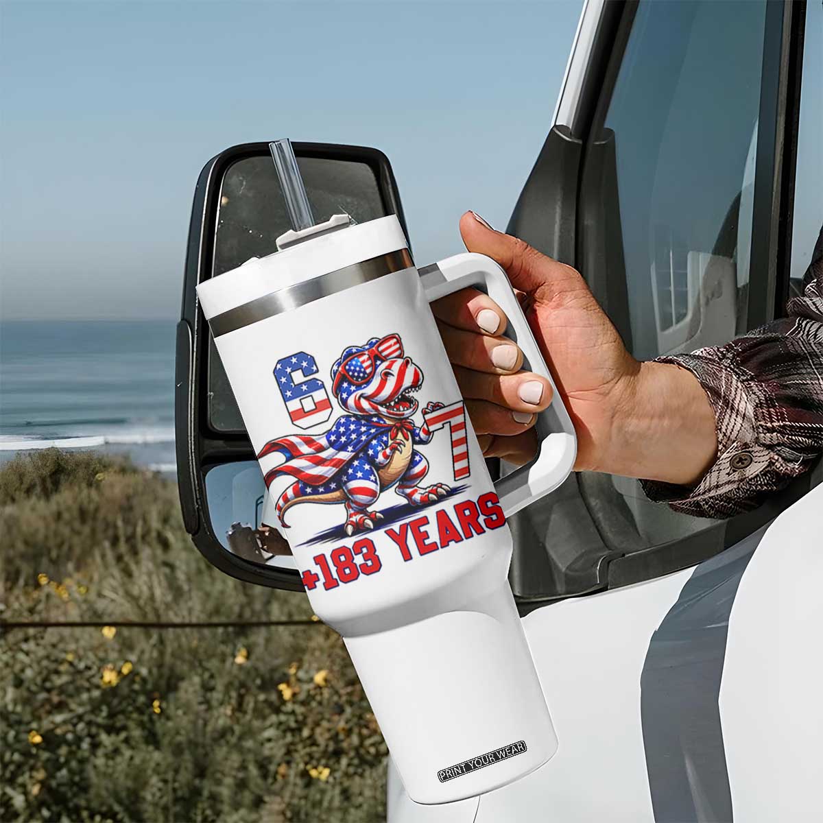 Funny 67 Meme Dinosaur American Pride Tumbler With Handle USA 250th Anniversary TS12 Print Your Wear