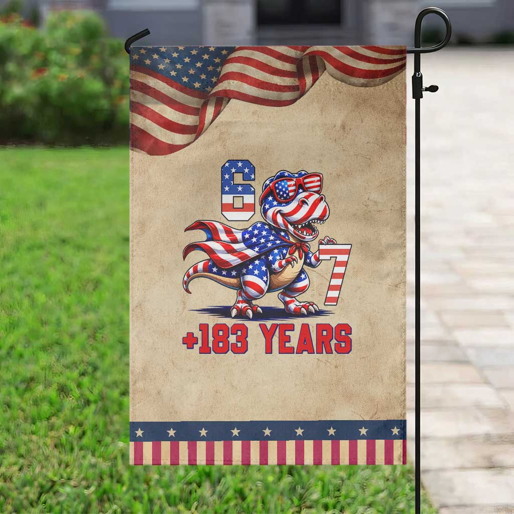 Funny 67 Meme Dinosaur American Pride Patriotic Garden Flag USA 250th Anniversary TS12 Vintage Rustic Tan Navy Print Your Wear