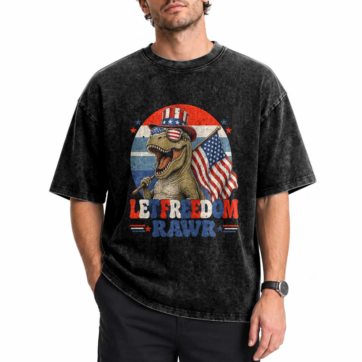 Red White Blue Dinosaur Pride Washed Cotton T-Shirt Let Freedom Rawr