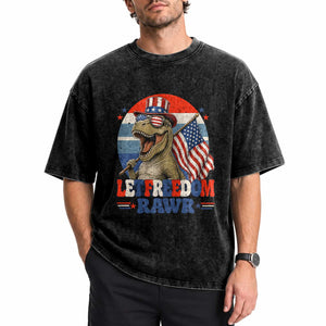 Red White Blue Dinosaur Pride Washed Cotton T-Shirt Let Freedom Rawr