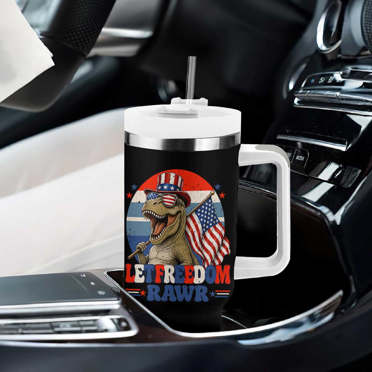 Red White Blue Dinosaur Pride Tumbler With Handle Let Freedom Rawr TS12 Print Your Wear