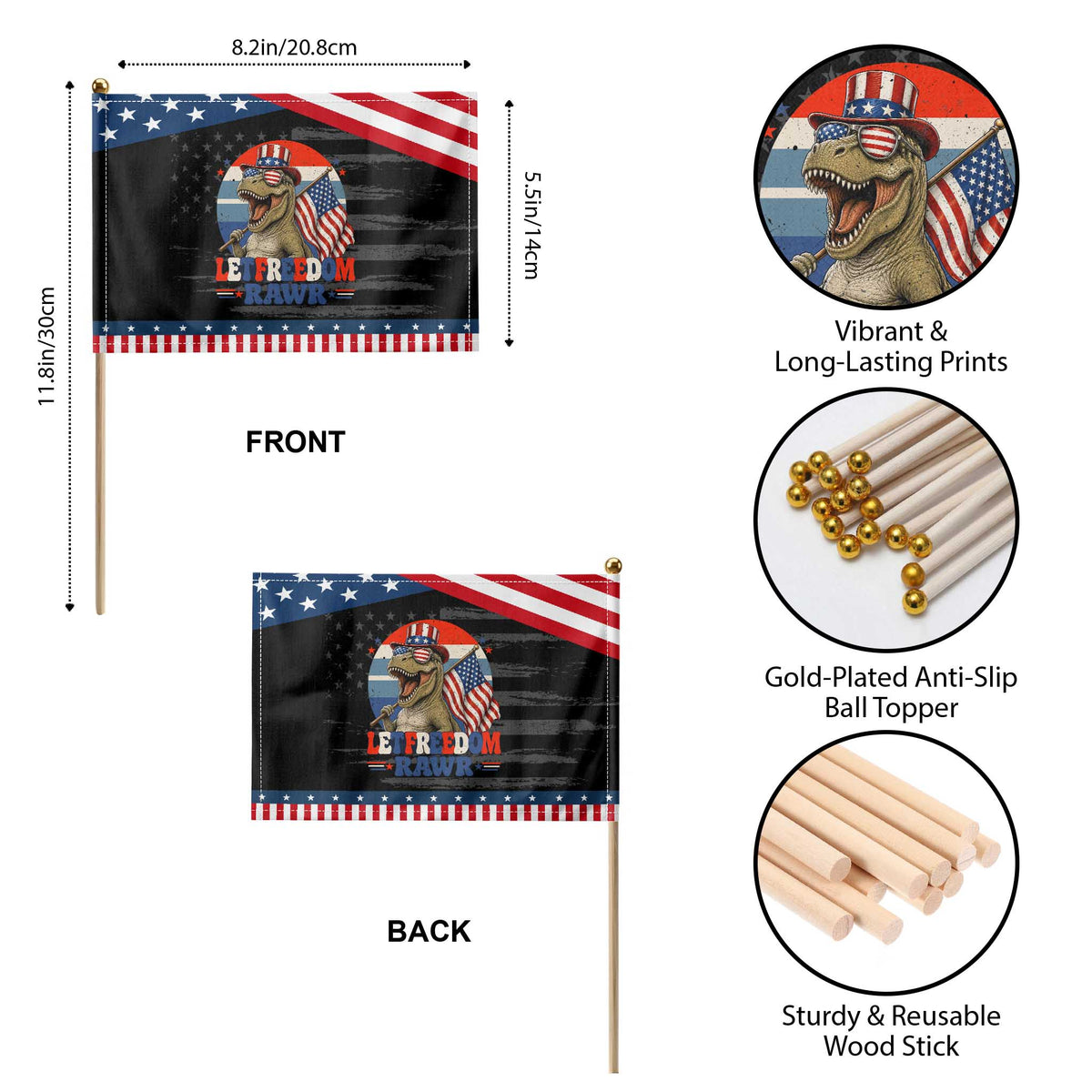 Red White Blue Dinosaur Pride Patriotic Handheld Flag Let Freedom Rawr TS12 Print Your Wear