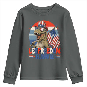 Red White Blue Dinosaur Pride Youth Sweatshirt Let Freedom Rawr TS12 Dark Heather Print Your Wear