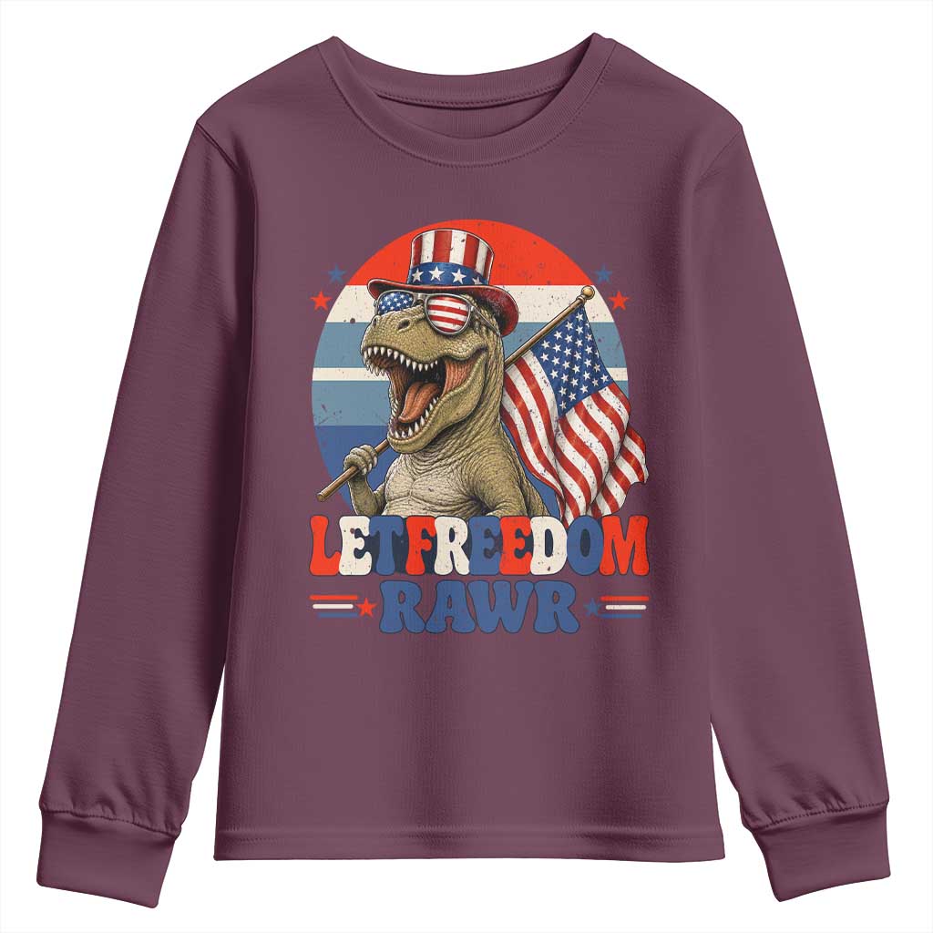 Red White Blue Dinosaur Pride Youth Sweatshirt Let Freedom Rawr TS12 Maroon Print Your Wear