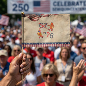 Funny 67 Meme Hot Dog Lover Patriotic Handheld Flag USA 250 BBQ Celebration TS12 Vintage 8.2" × 5.5" Rustic Tan Navy Print Your Wear