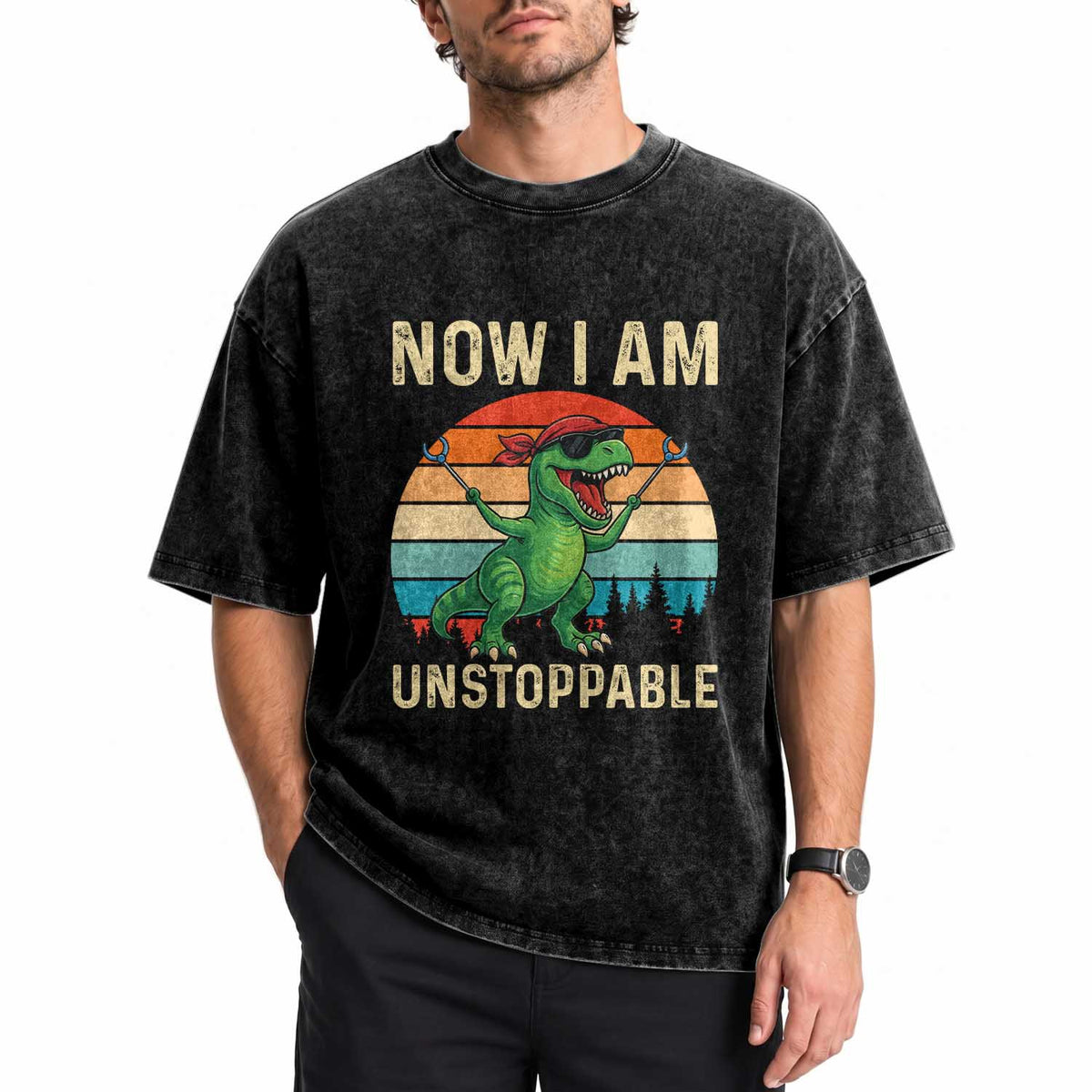 Now I Am Unstoppable Washed Cotton T-Shirt Funny Mama Saurus Dinosaur