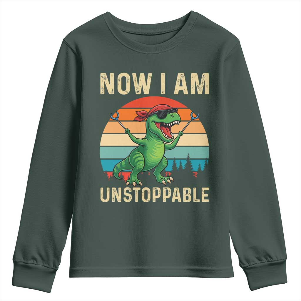 Now I Am Unstoppable Youth Sweatshirt Funny Mama Saurus Dinosaur TS12 Dark Forest Green Print Your Wear