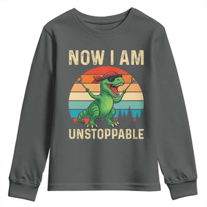 Now I Am Unstoppable Youth Sweatshirt Funny Mama Saurus Dinosaur TS12 Dark Heather Print Your Wear