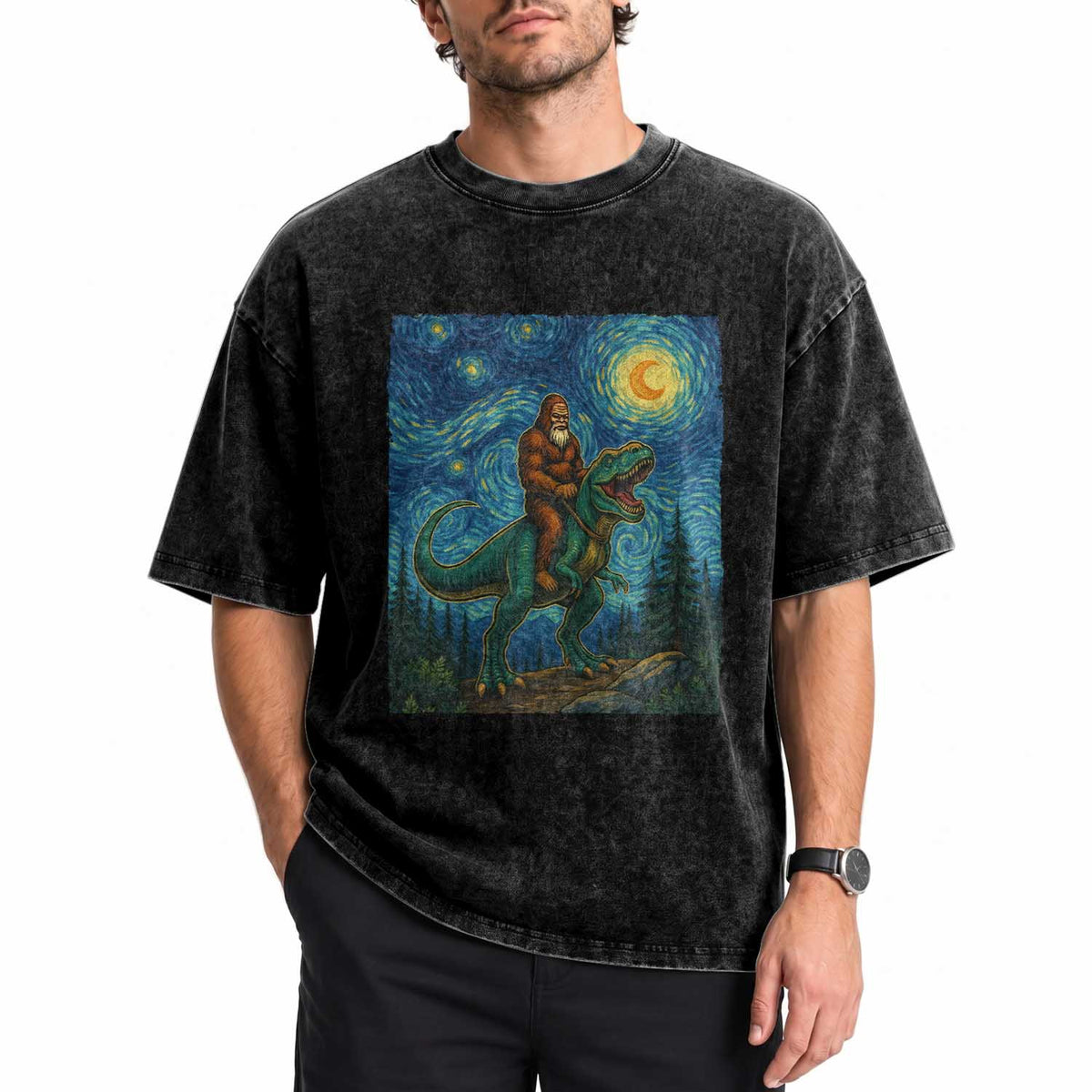 Bigfoot Dinosaur Washed Cotton T-Shirt Funny Prehistoric Starry Night Van Gogh