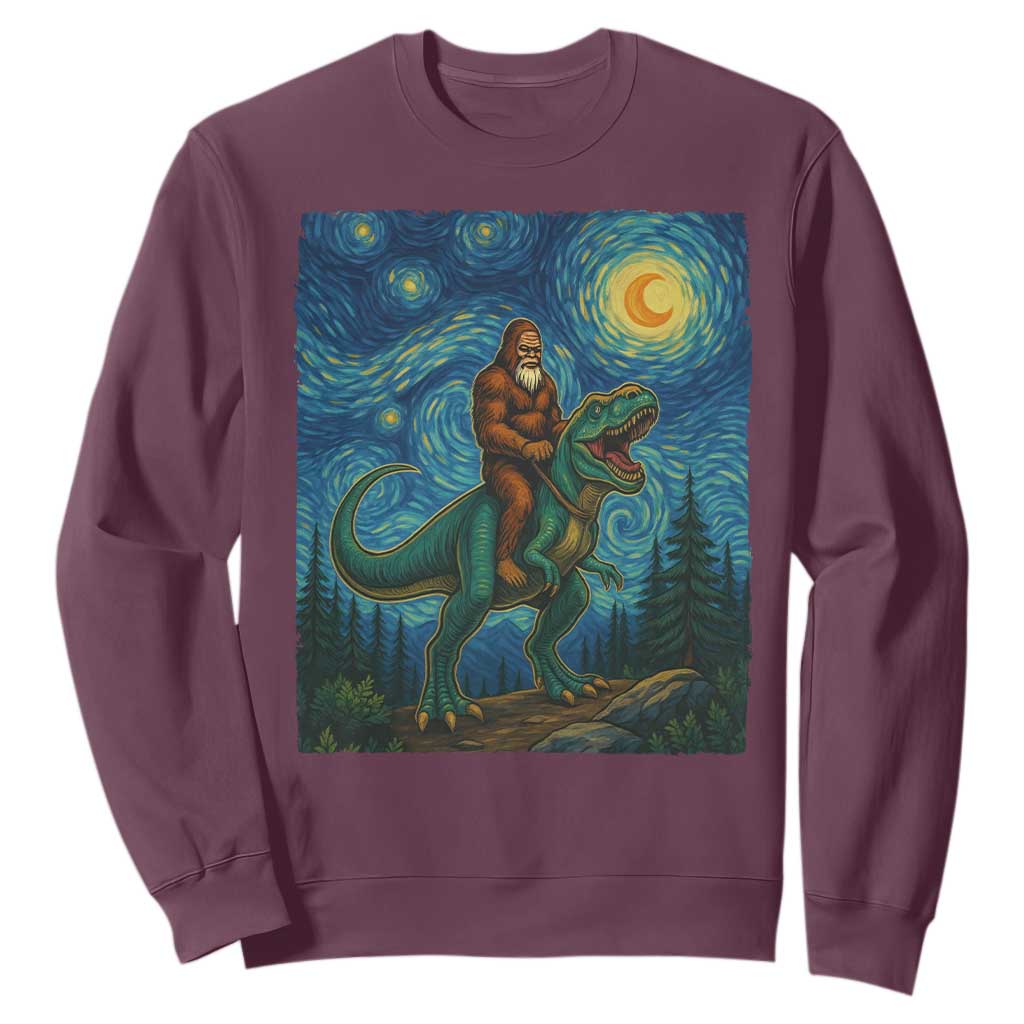 Bigfoot Dinosaur Sweatshirt Funny Prehistoric Starry Night Van Gogh TS12 Maroon Print Your Wear