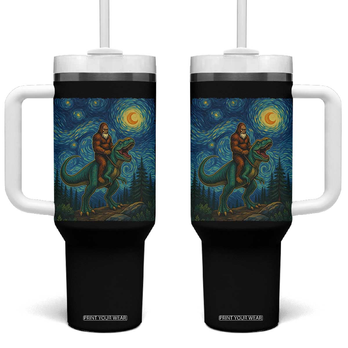 Bigfoot Dinosaur Tumbler With Handle Funny Prehistoric Starry Night Van Gogh TS12 One Size: 40 oz Black Print Your Wear