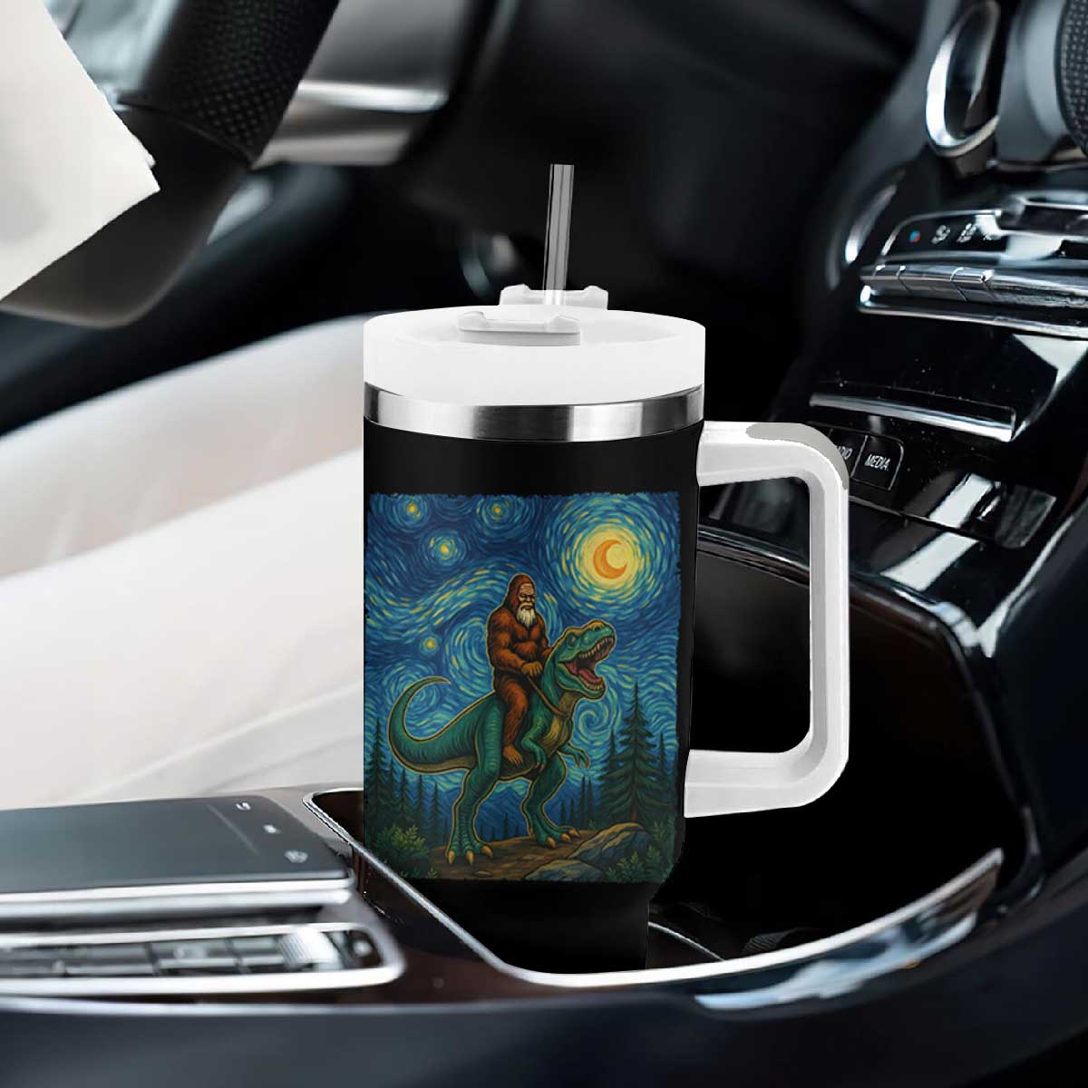 Bigfoot Dinosaur Tumbler With Handle Funny Prehistoric Starry Night Van Gogh TS12 Print Your Wear