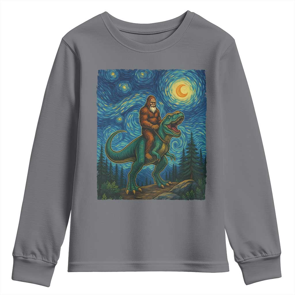 Bigfoot Dinosaur Youth Sweatshirt Funny Prehistoric Starry Night Van Gogh TS12 Charcoal Print Your Wear