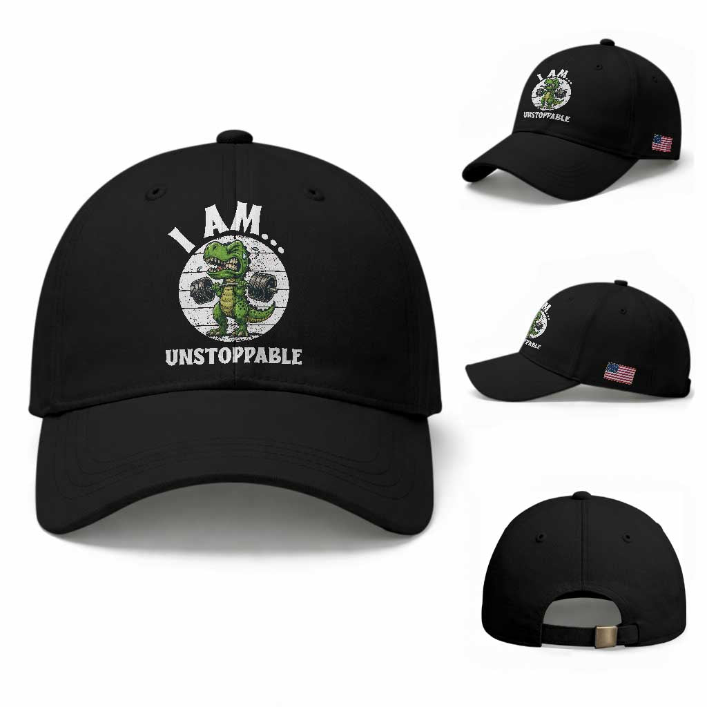 I Am Unstoppable Baseball Cap Funny Weightlifting Dinosaur Gym TS12 Baseball Cap Universal Fit Black Print Your Wear