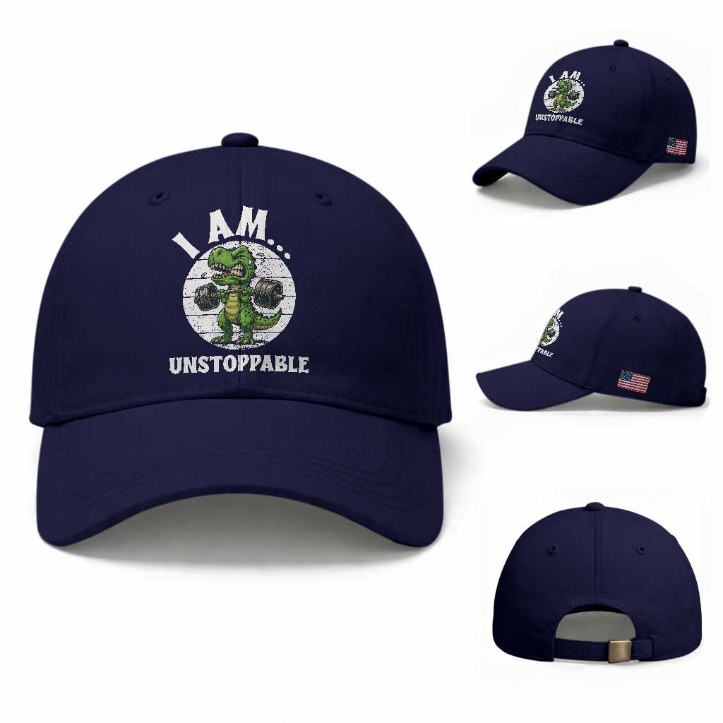 I Am Unstoppable Baseball Cap Funny Weightlifting Dinosaur Gym TS12 Baseball Cap Universal Fit Dark Blue Print Your Wear
