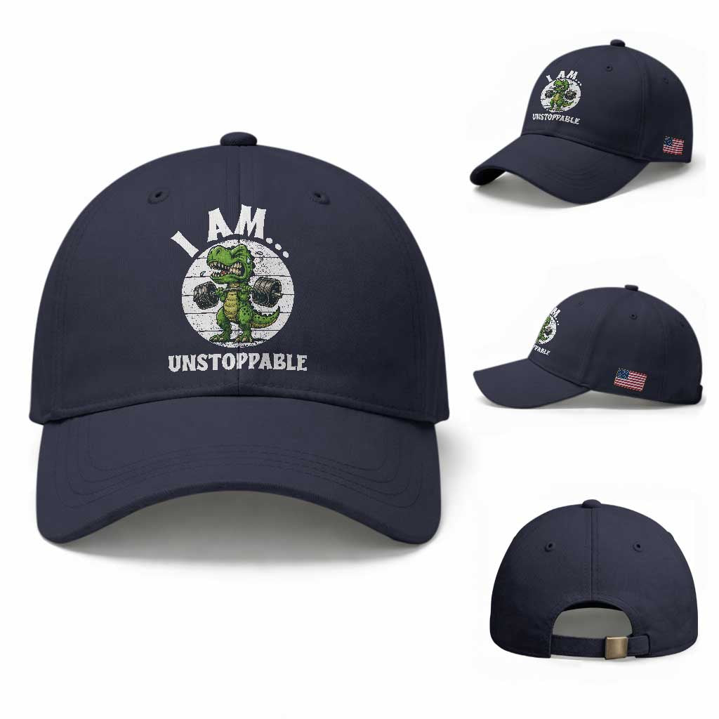 I Am Unstoppable Baseball Cap Funny Weightlifting Dinosaur Gym TS12 Baseball Cap Universal Fit Navy Print Your Wear