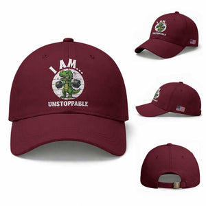 I Am Unstoppable Baseball Cap Funny Weightlifting Dinosaur Gym TS12 Baseball Cap Universal Fit Maroon Print Your Wear